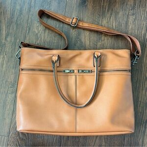 Brown Leather Laptop Tote Shoulder Bag Unisex Neutral Everyday Zip Up